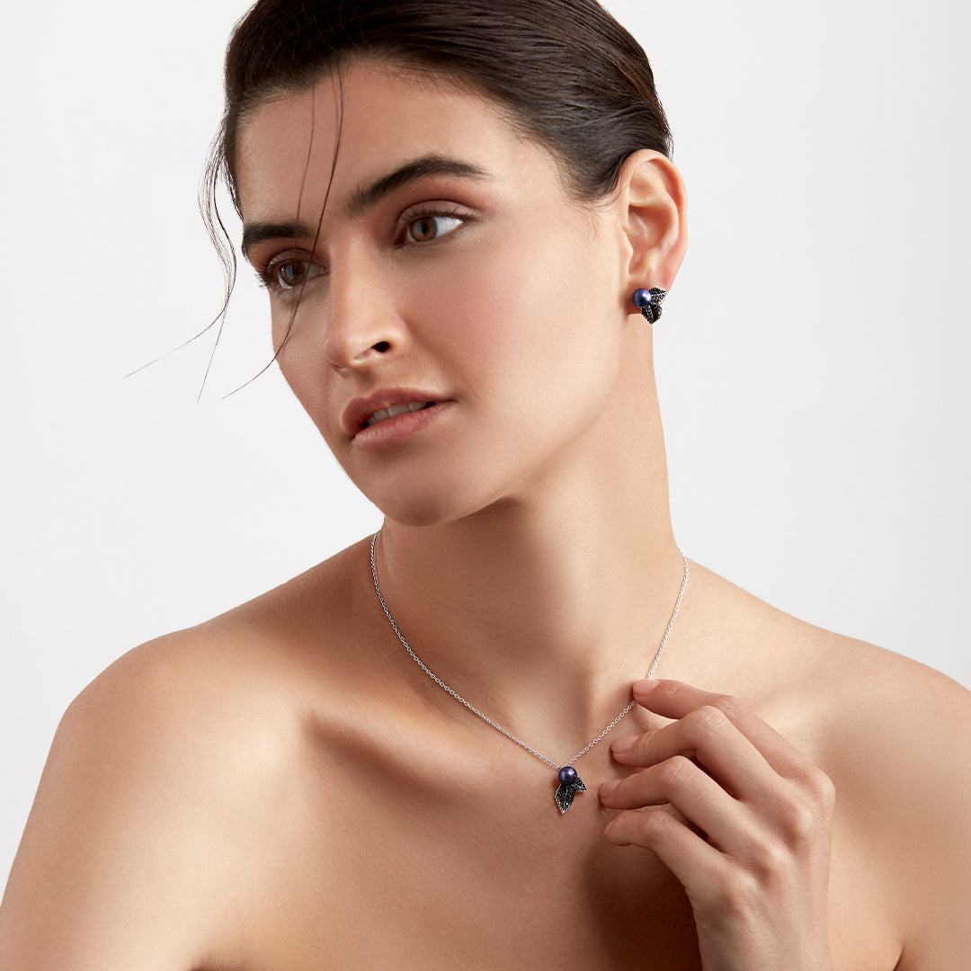 Blackthorn Stud Earrings - Silver, Black Spinel & Black Pearl