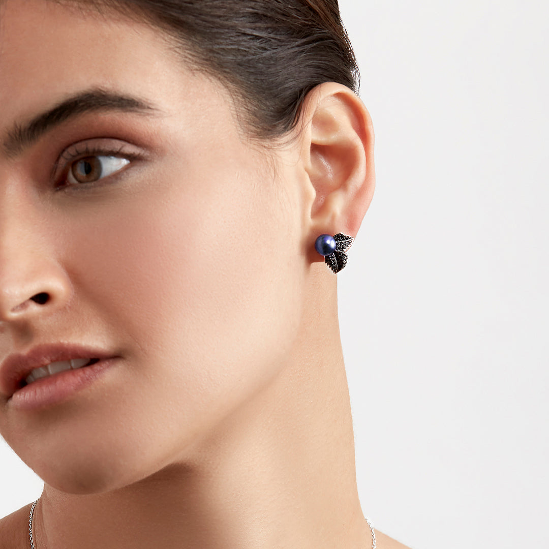 Blackthorn Stud Earrings - Silver, Black Spinel & Black Pearl