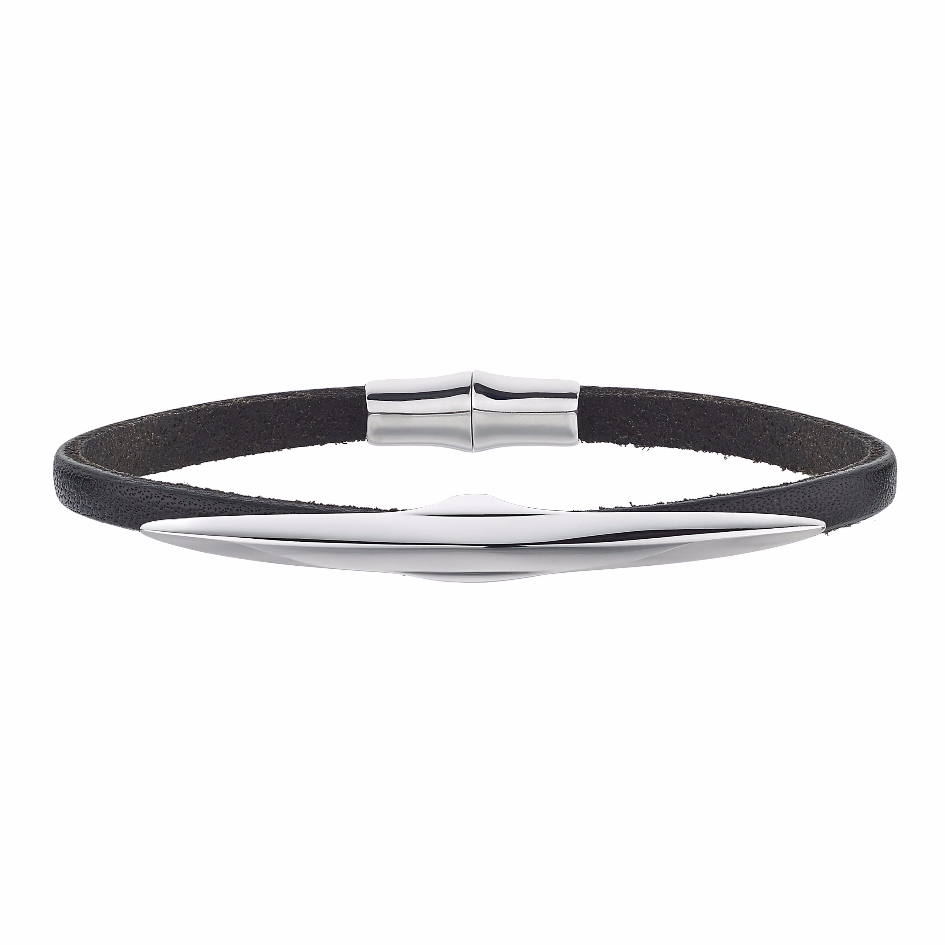 Silver Single Arc Black Leather Bracelet Size 1