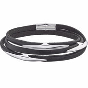 Silver Multi Arc Black Leather Wrap Bracelet Size 1