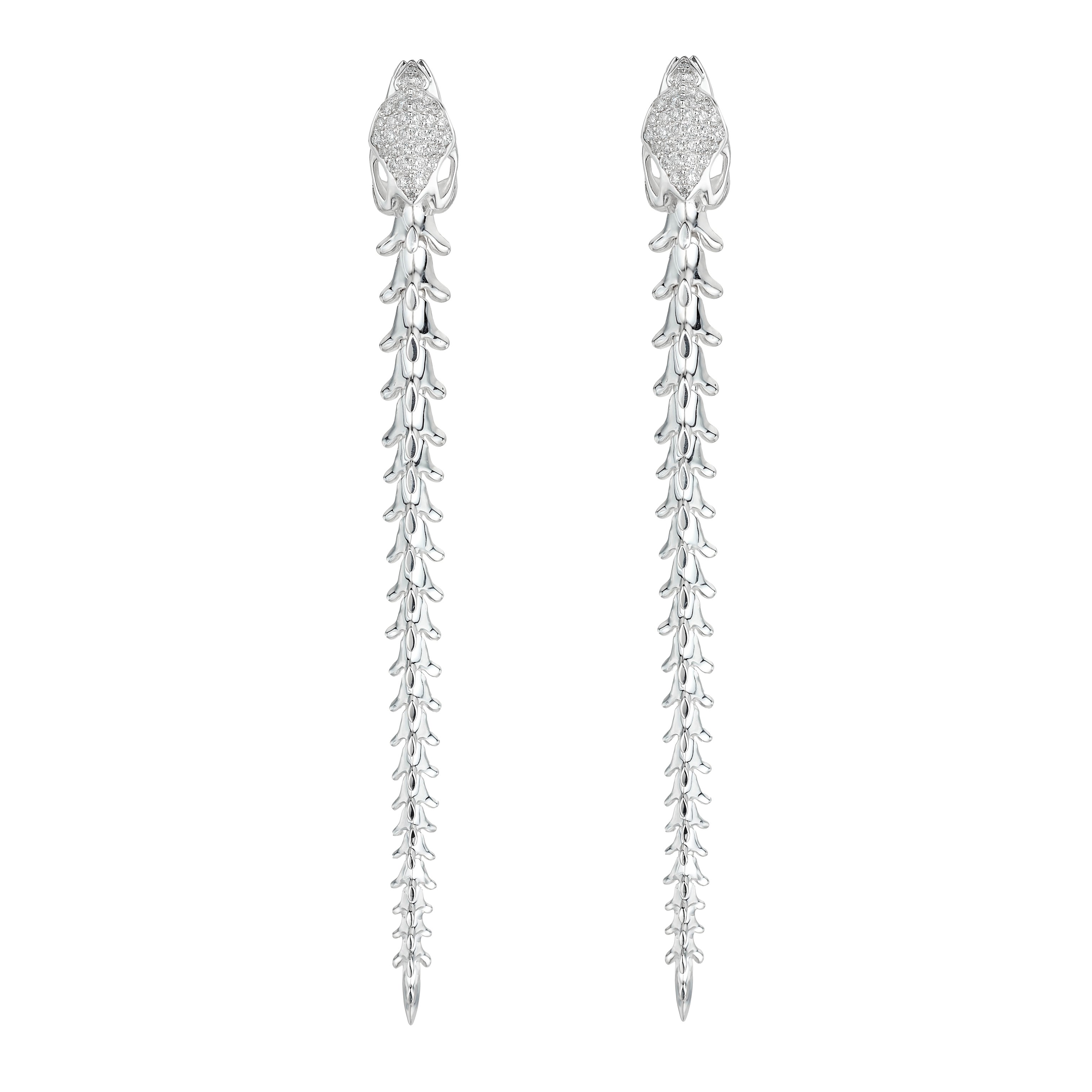 Serpent's Trace Long Drop Earrings - Silver & Diamond Pave