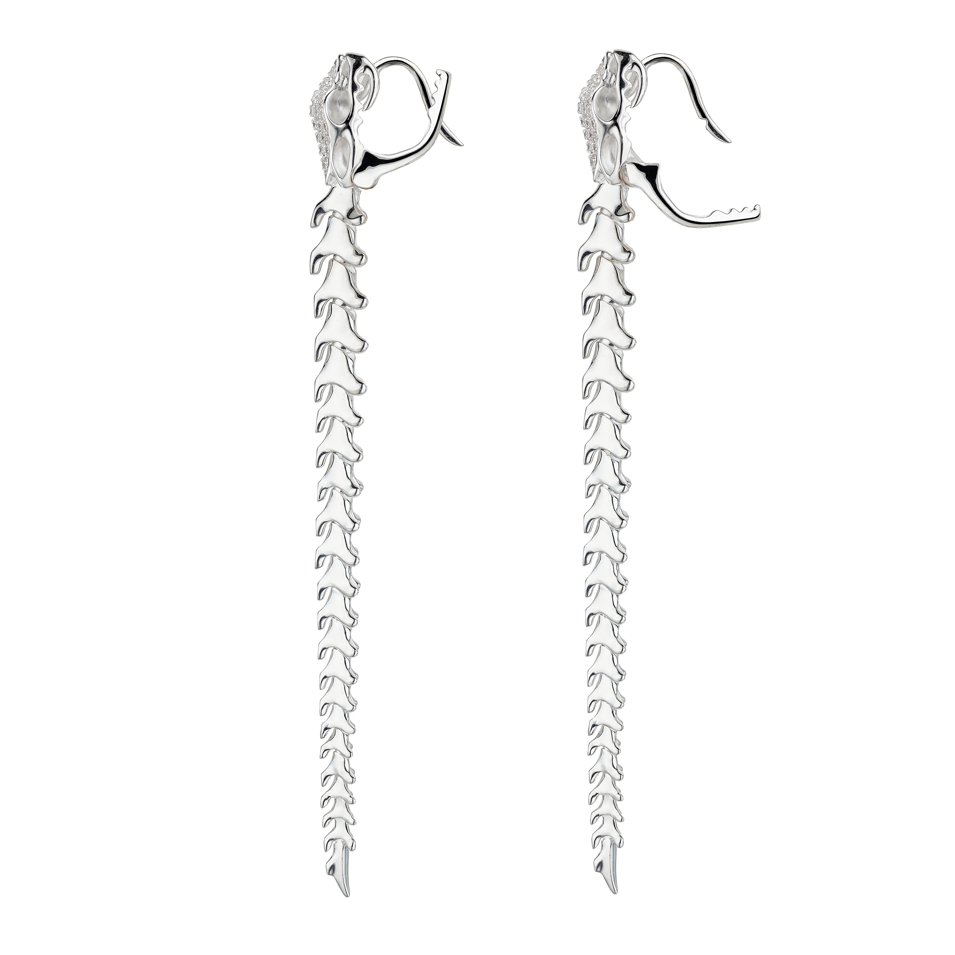Serpent's Trace Long Drop Earrings - Silver & Diamond Pave