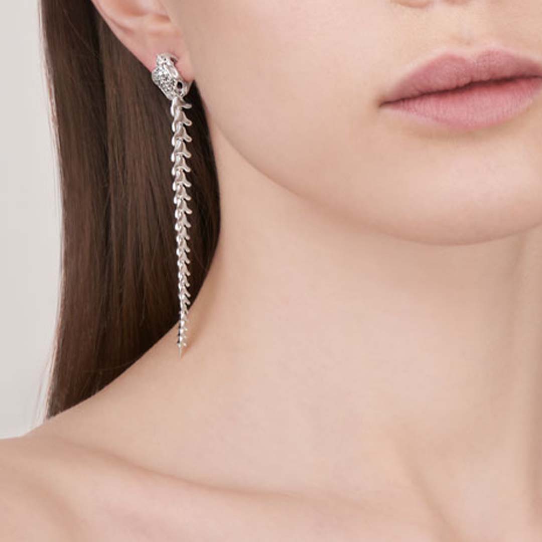Serpent's Trace Long Drop Earrings - Silver & Diamond Pave