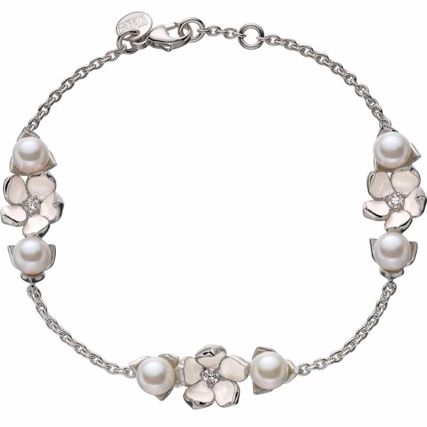 Silver Three Flower Bracelet with Diamonds and Pearls