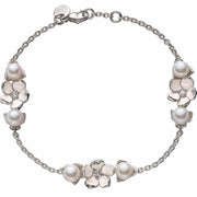 Silver Three Flower Bracelet with Diamonds and Pearls