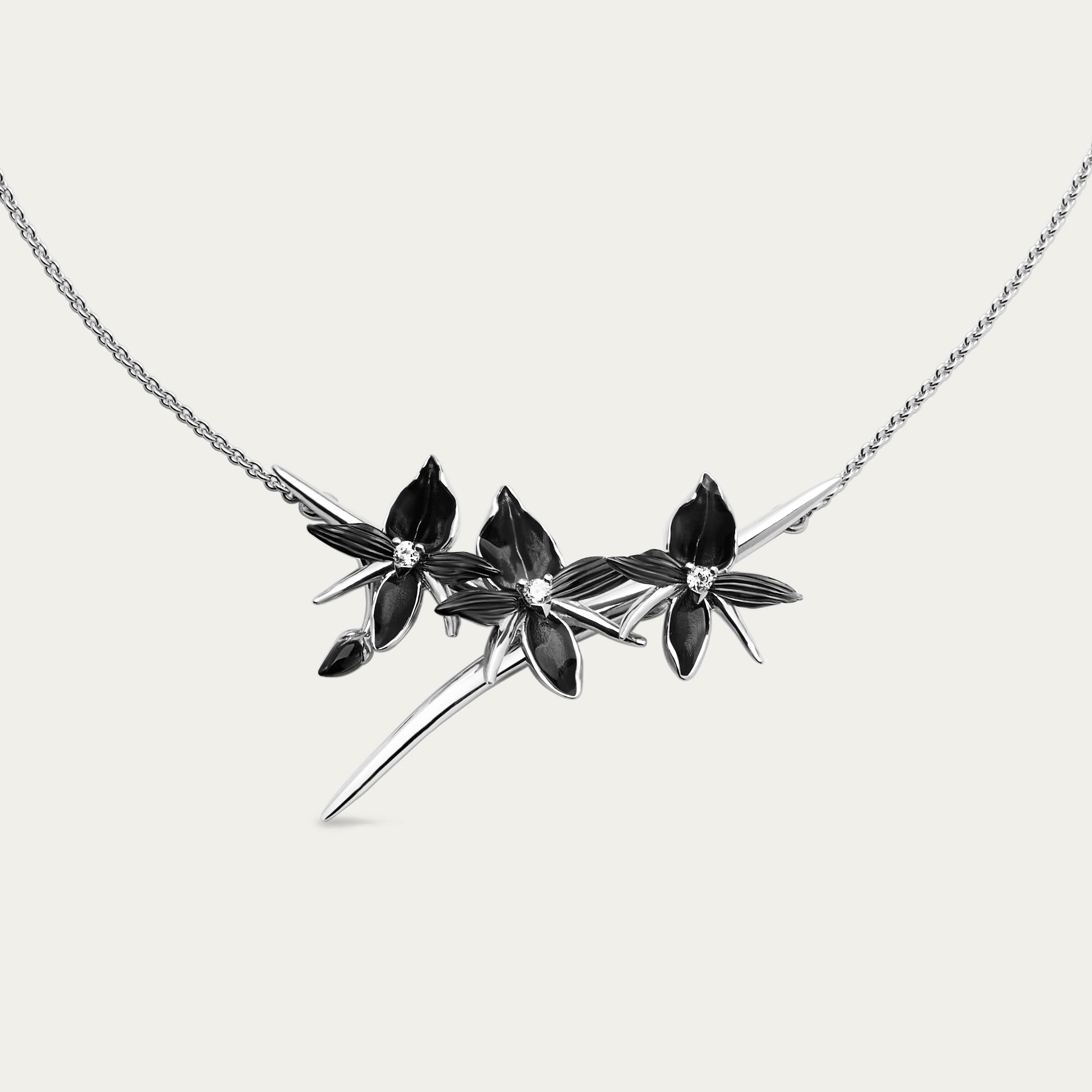 Black Orchid Branch Necklace - Silver & Diamond