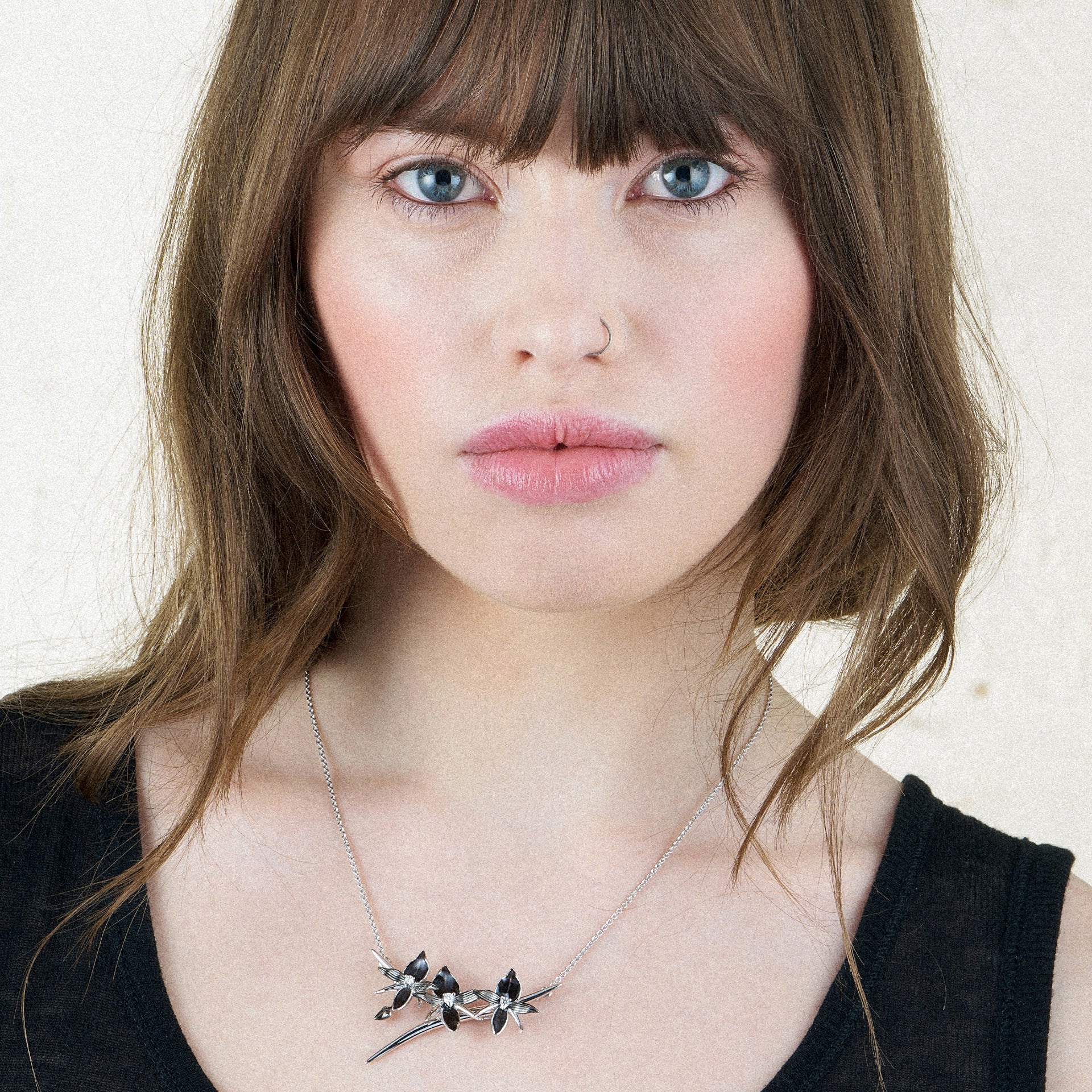 Black Orchid Branch Necklace - Silver & Diamond