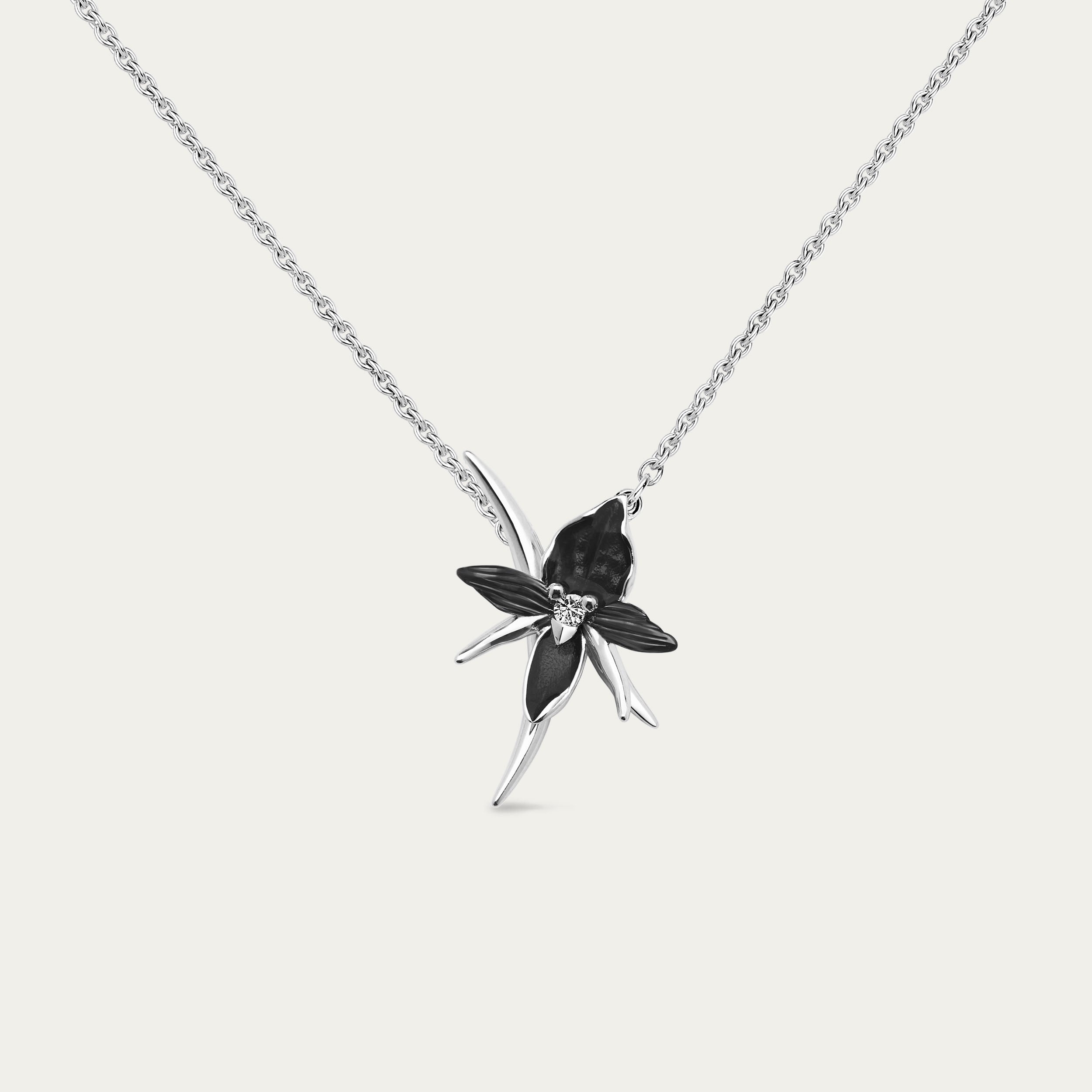 Black Orchid Flower Necklace - Silver & Diamond