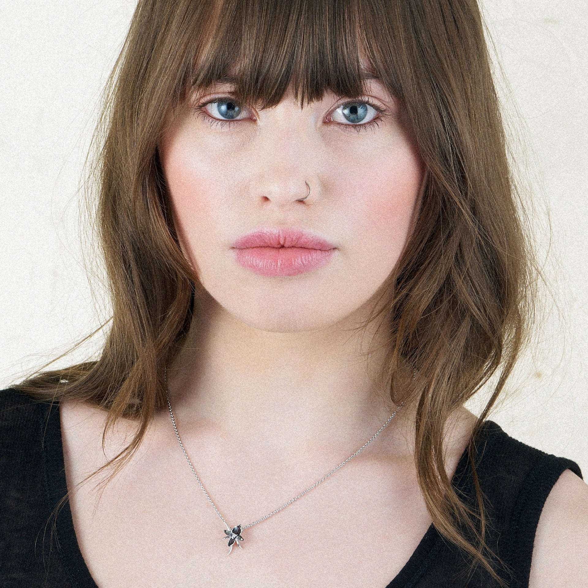 Black Orchid Flower Necklace - Silver & Diamond