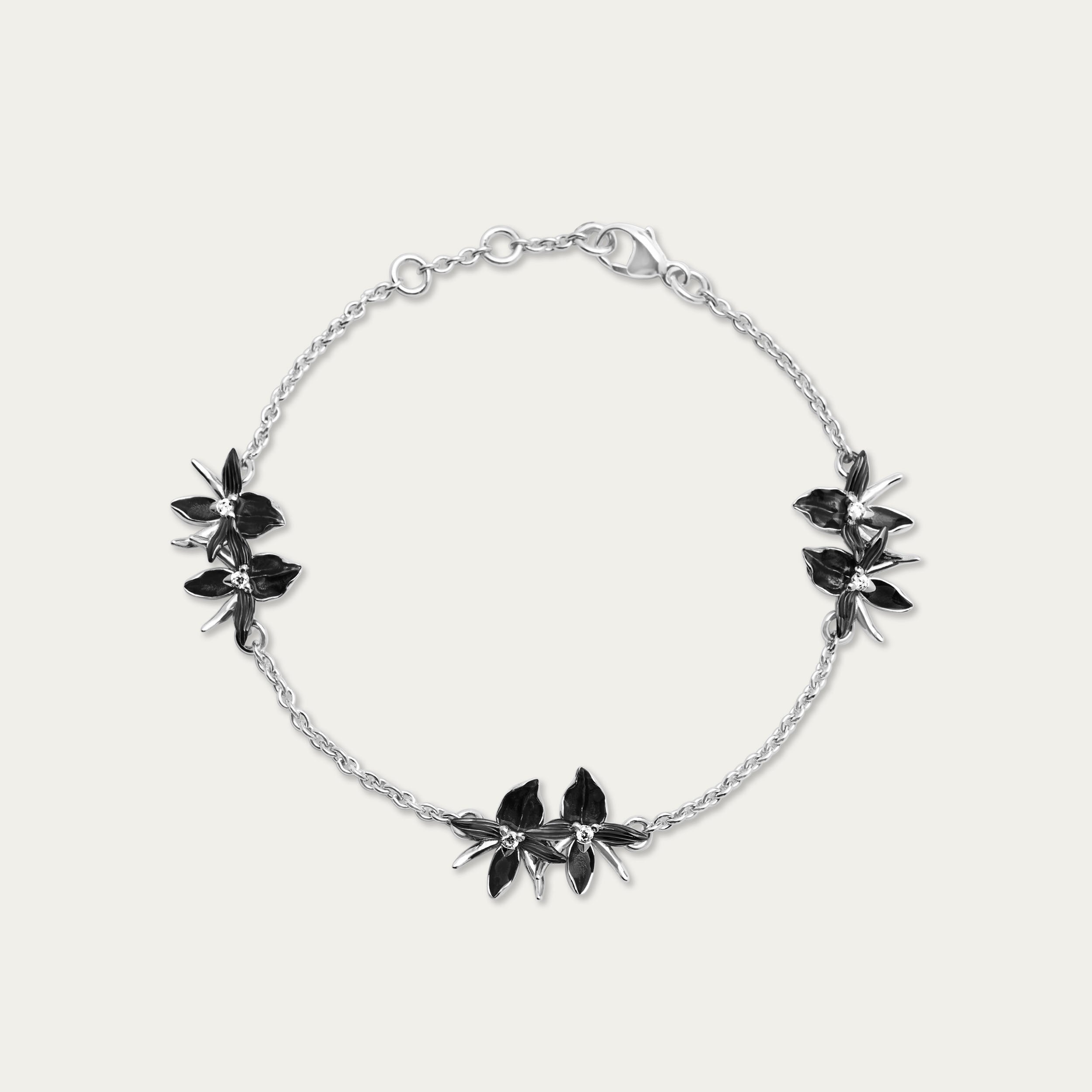 Black Orchid Multi Flower Bracelet - Silver & Diamond