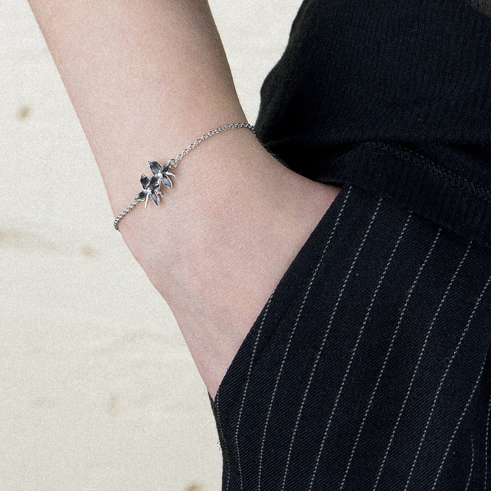 Black Orchid Flower Bracelet - Silver & Diamond