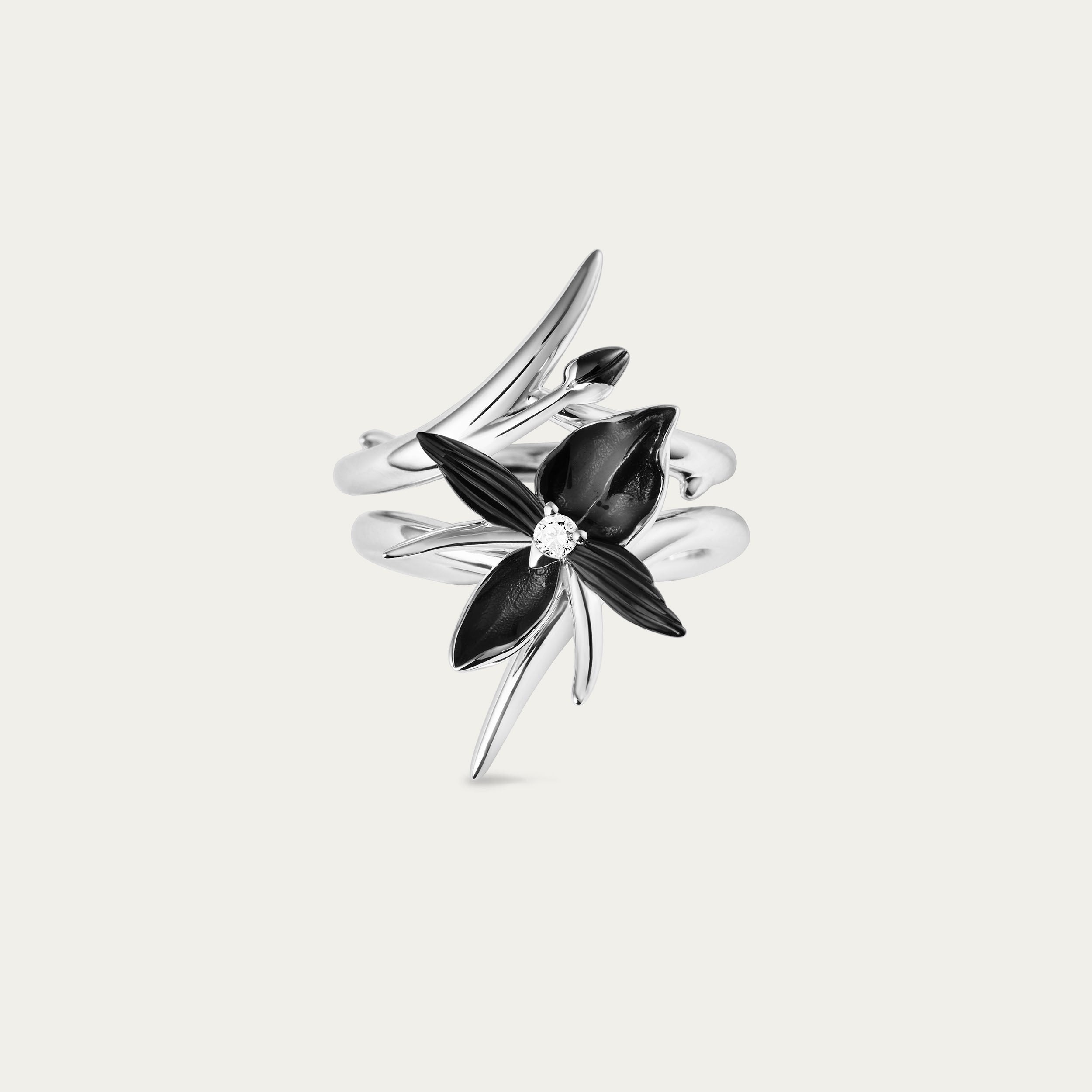 Black Orchid Interlocking Flower Ring - Silver & Diamond