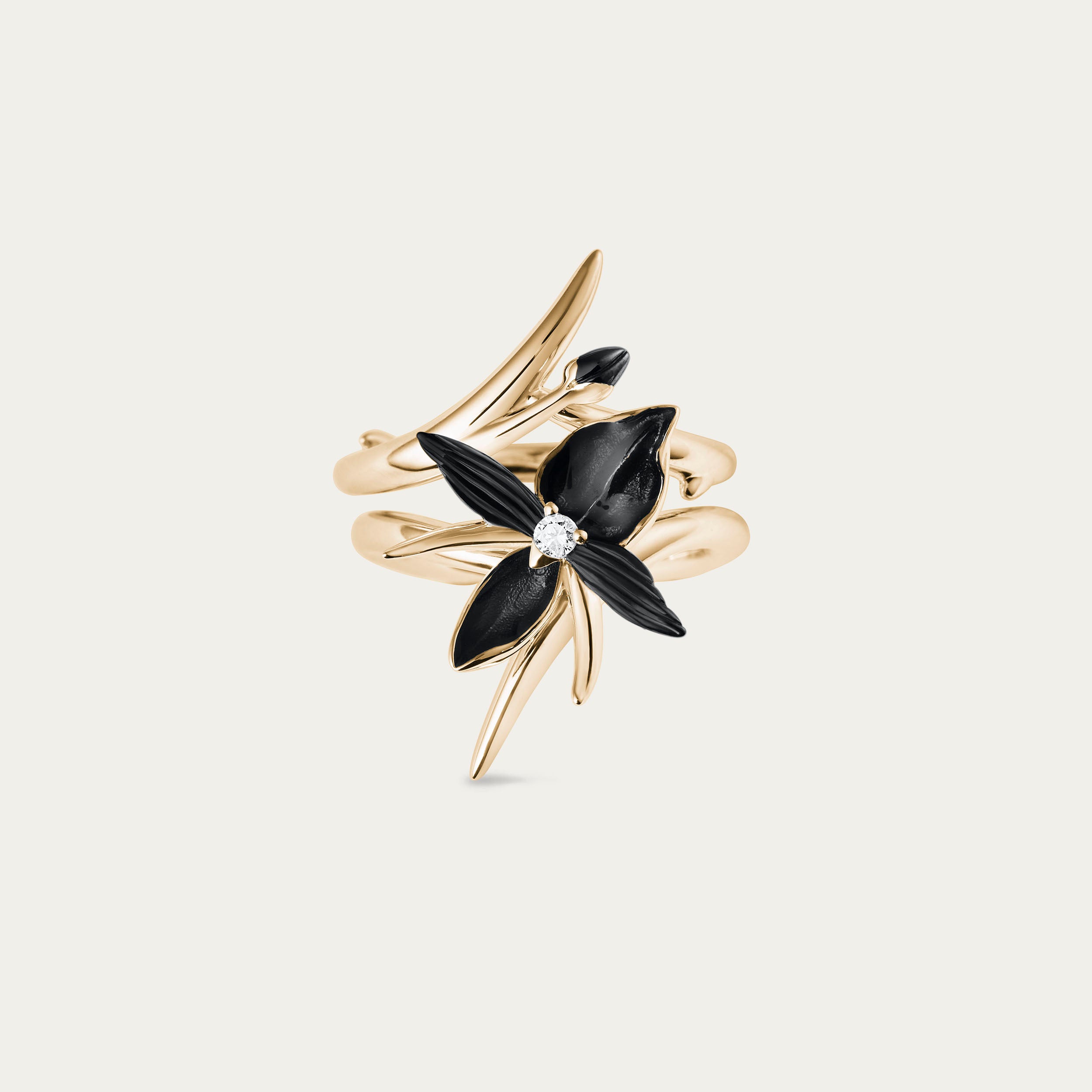 Black Orchid Interlocking Flower Ring - Yellow Gold Vermeil & Diamond