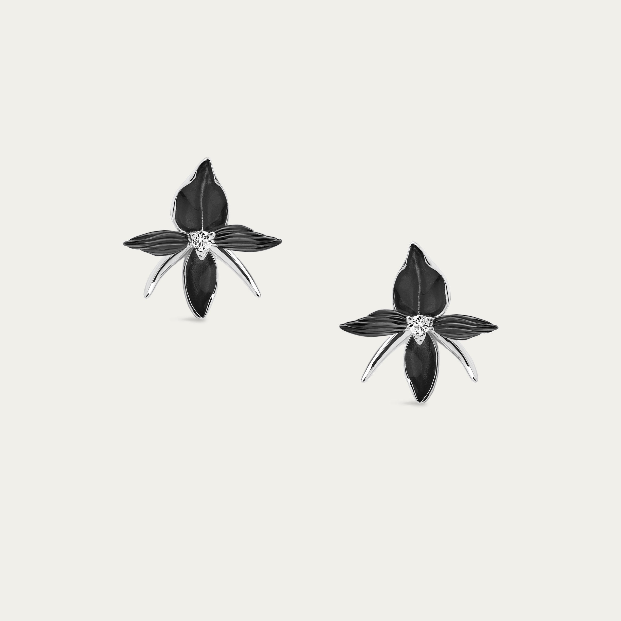 Black Orchid Flower Earrings - Silver & Diamond