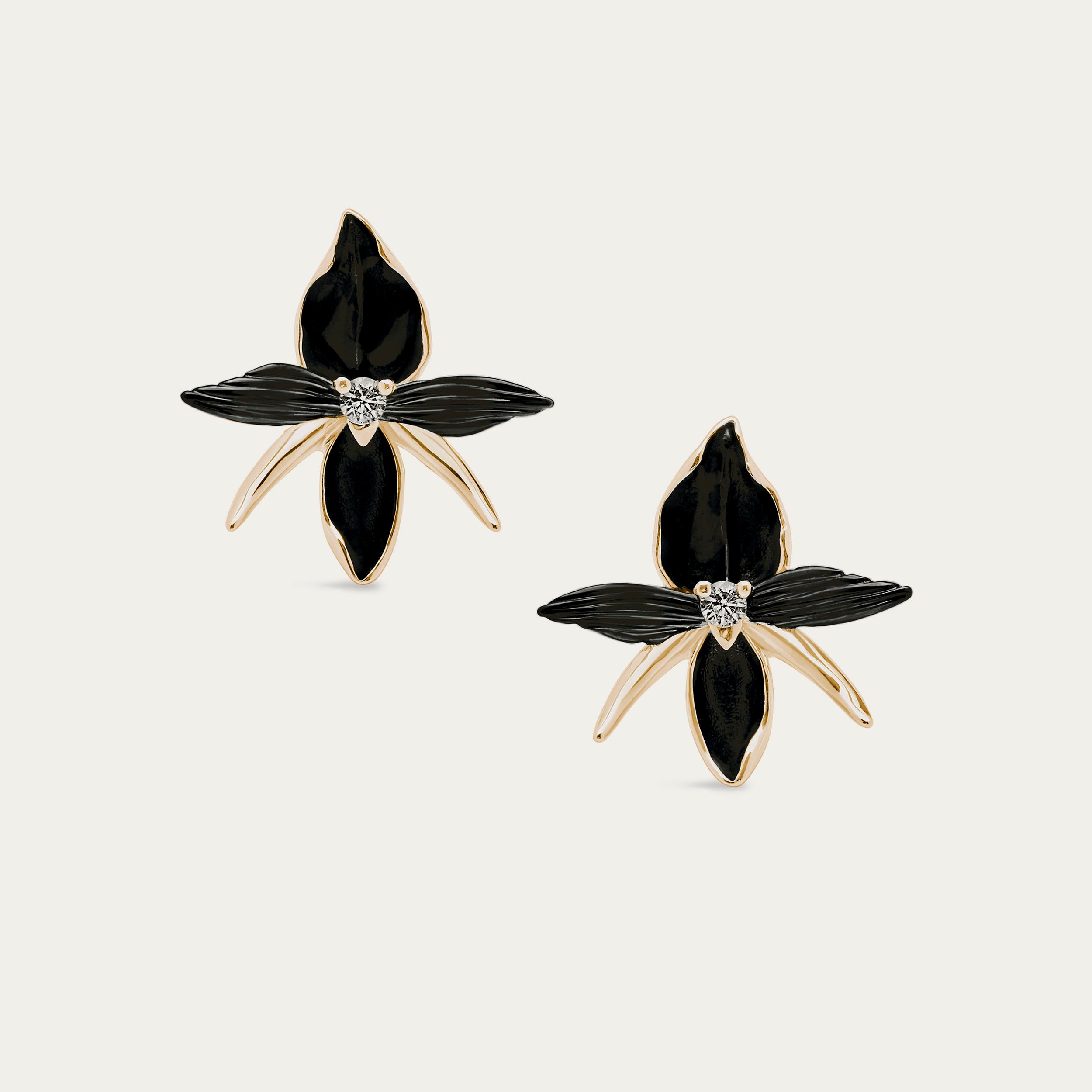Black Orchid Large Flower Earrings - Yellow Gold Vermeil & Diamond