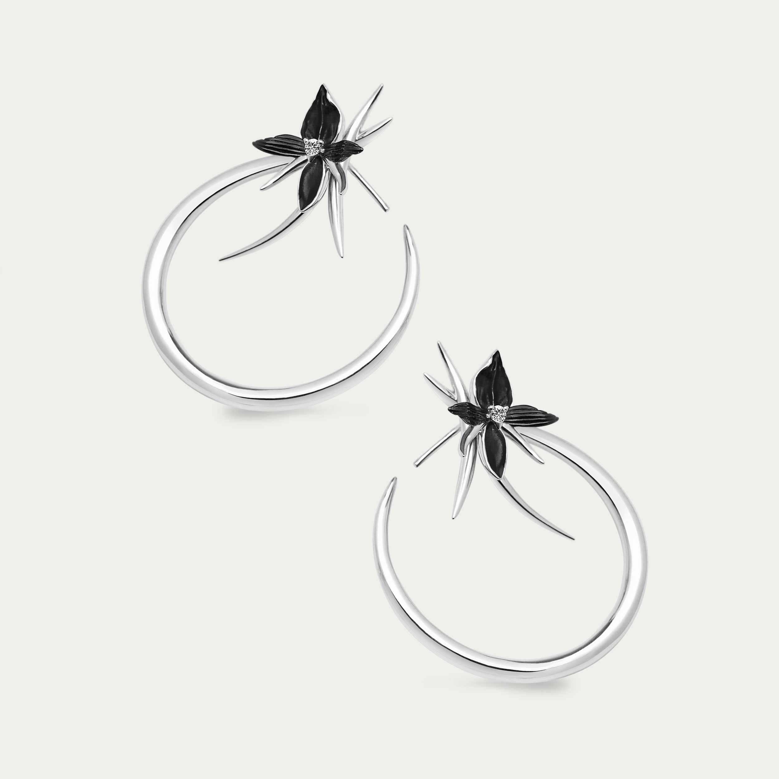 Black Orchid Hoop Earrings - Silver & Diamond