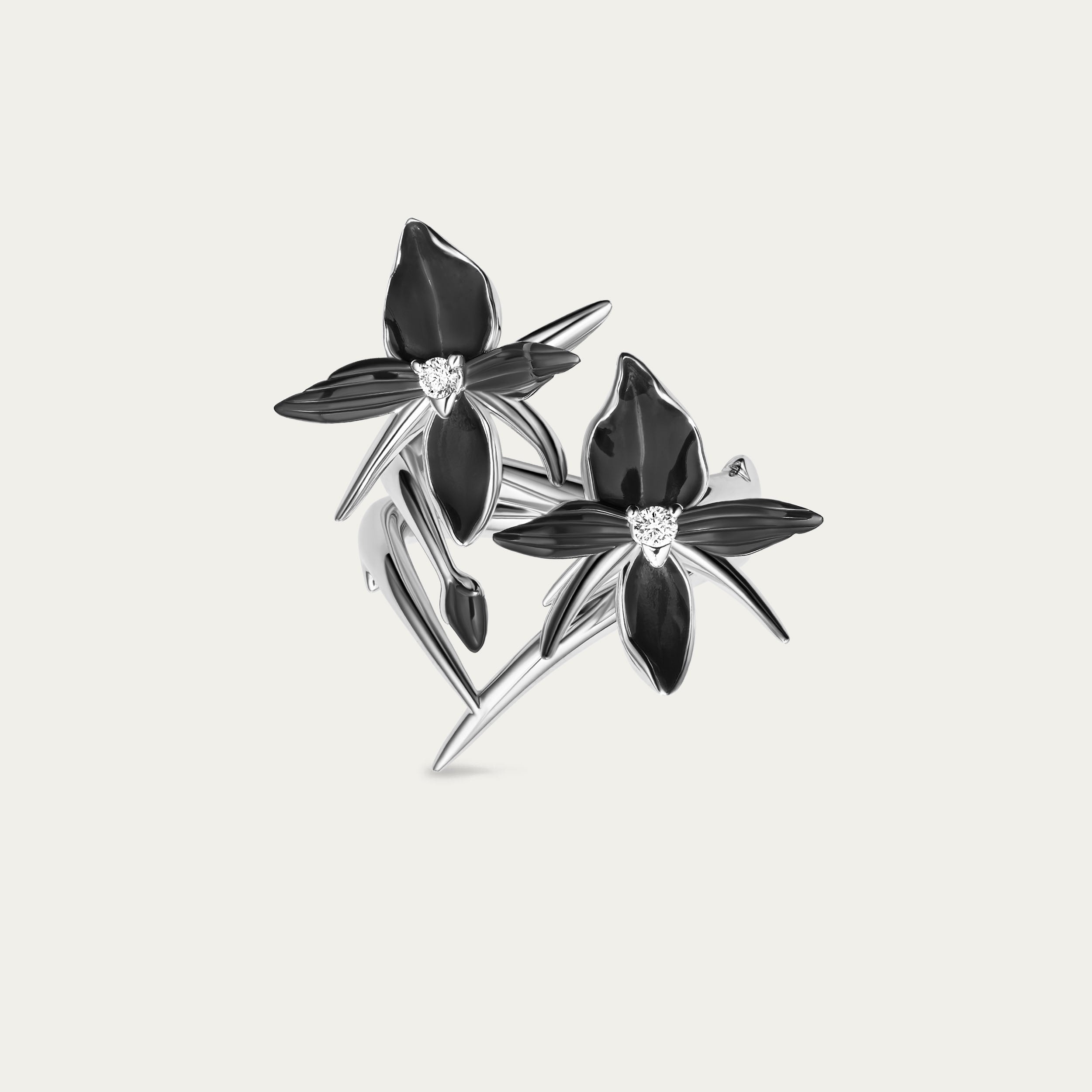 Black Orchid 2 Flower Ring - Silver & Diamond