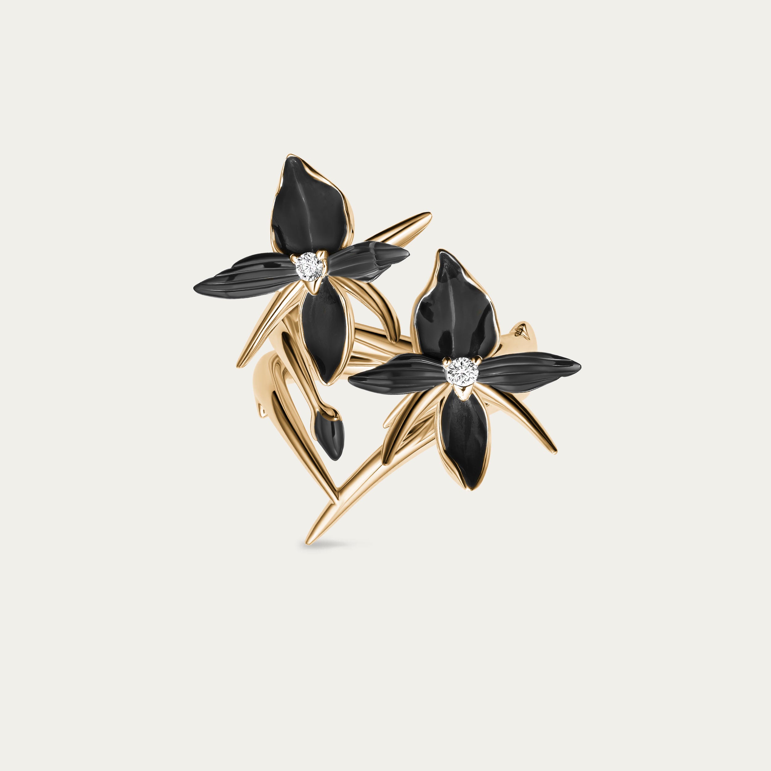 Black Orchid 2 Flower Ring - Yellow Gold Vermeil & Diamond