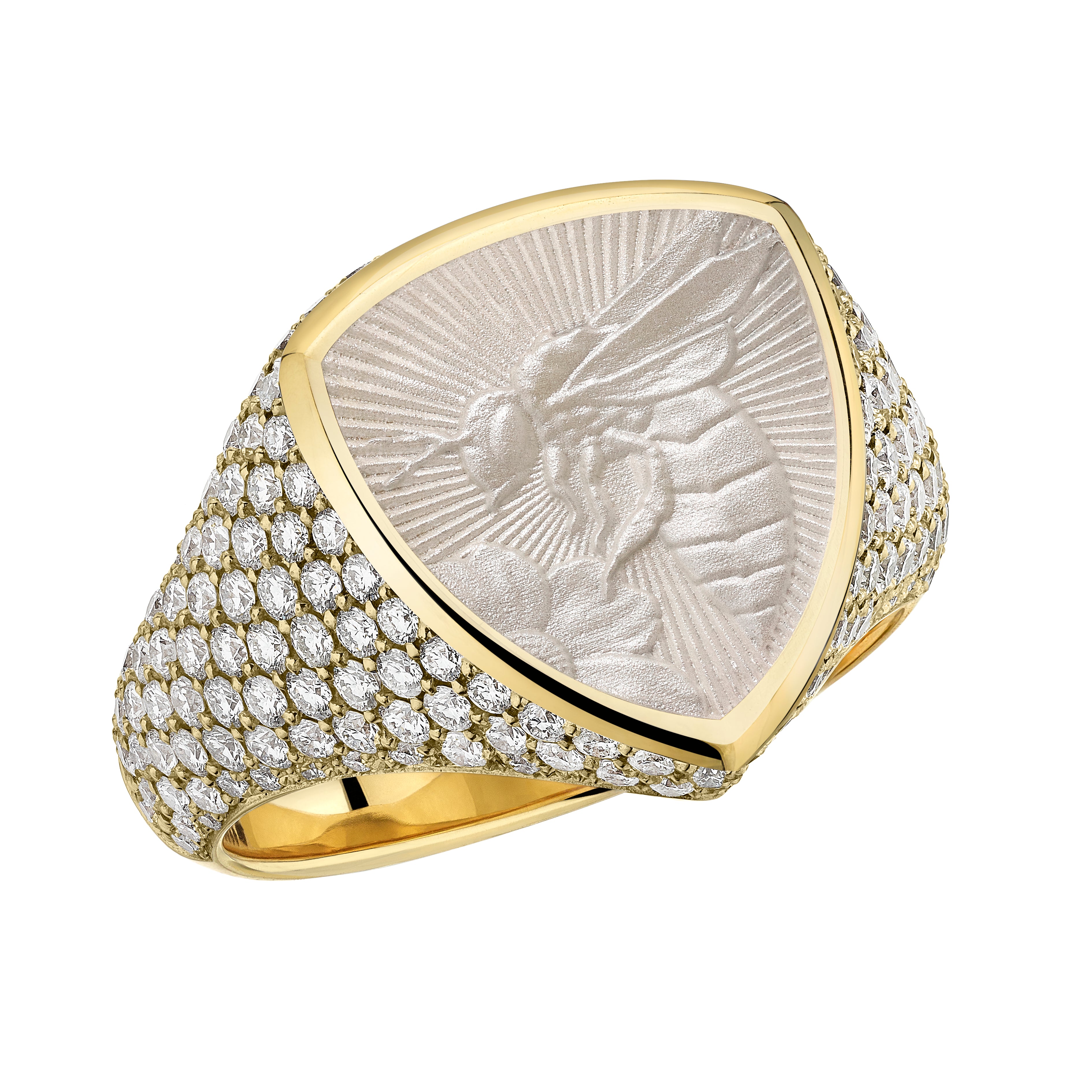 Signum Devotion Bee Ring - 18ct Yellow Gold & Diamond Mist Enamel