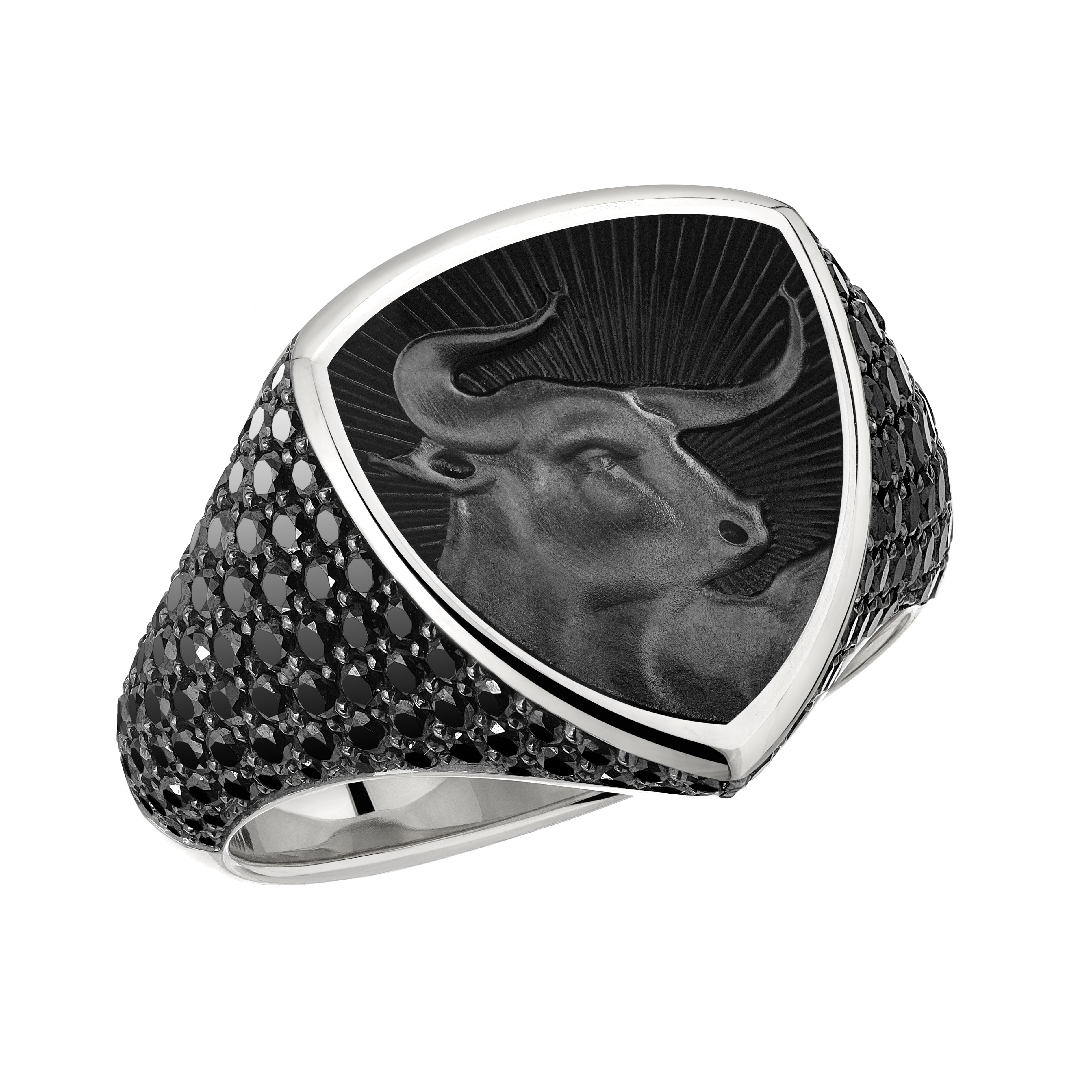 Signum Strength Bull Ring - 18ct White Gold & Black Diamond Nightfall