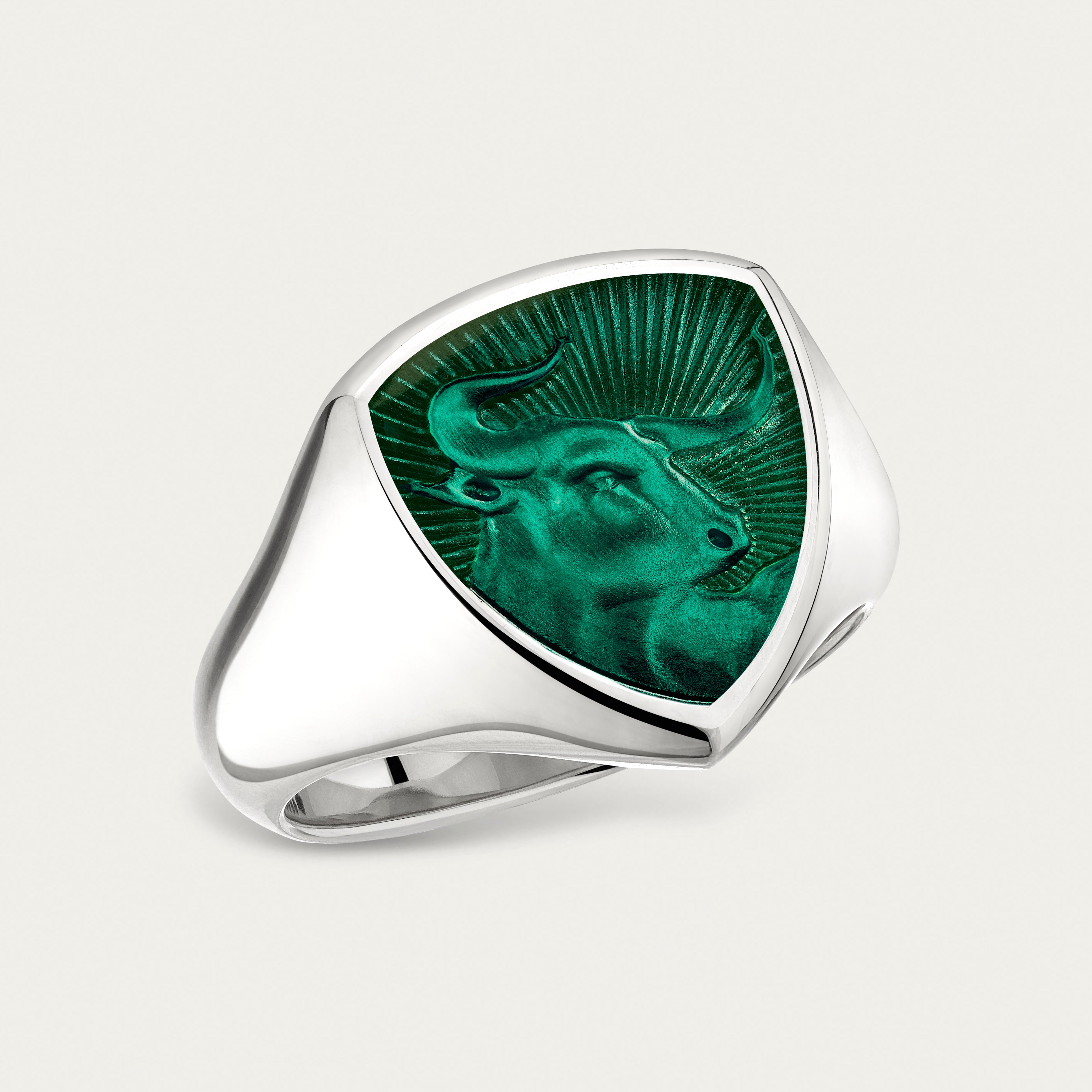 Signum Strength Bull Ring - 18ct White Gold & Forest Enamel