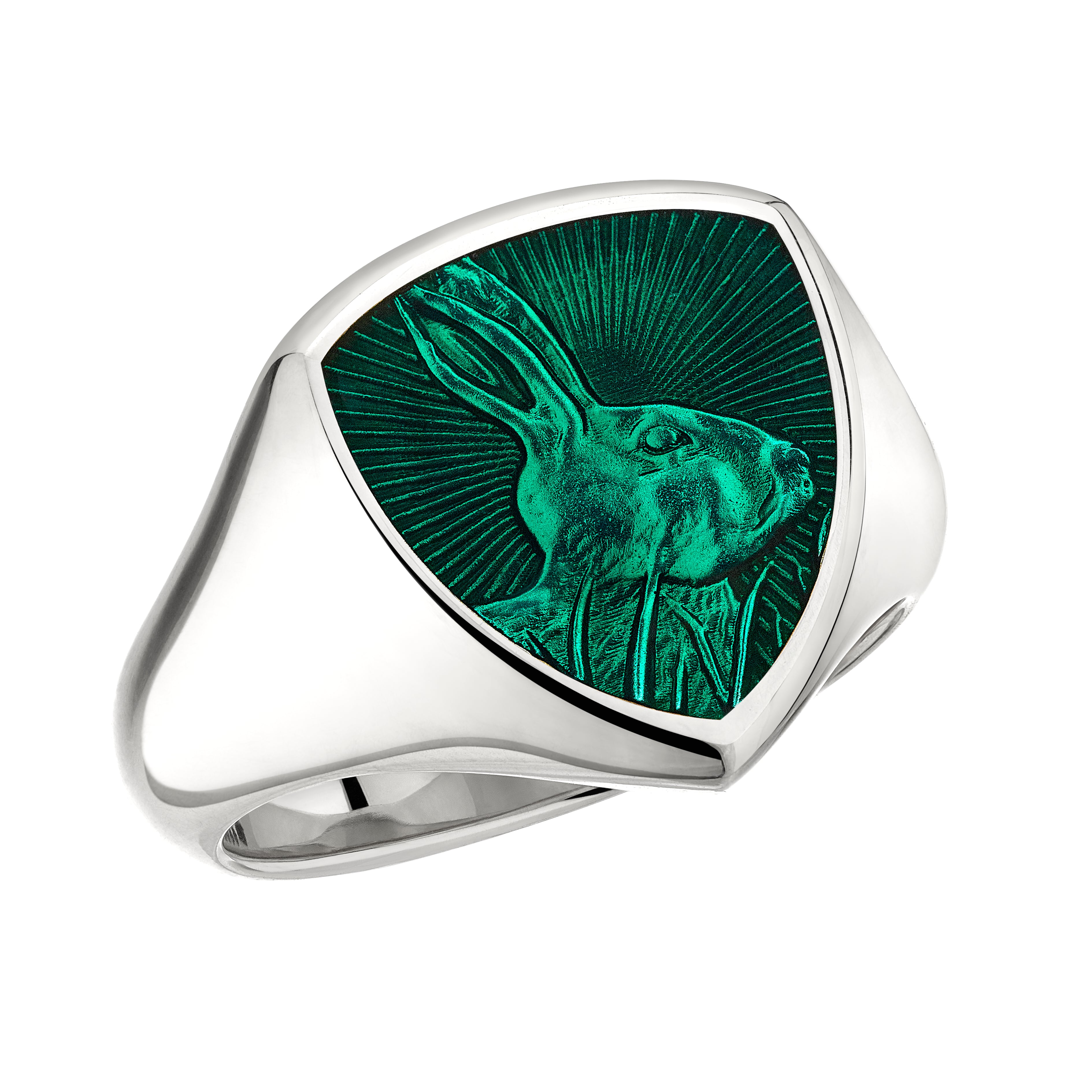 Signum Intuition Hare Ring - 18ct White Gold & Forest Enamel