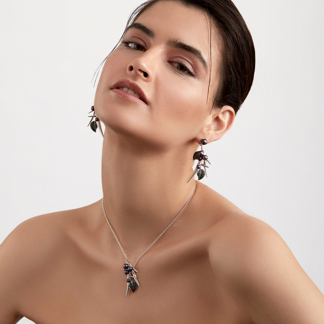 Blackthorn Drop Leaf Pendant - Silver, Black Spinel & Black Pearl