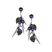 Blackthorn Drop Leaf Earrings - Silver, Black Spinel & Black Pearl