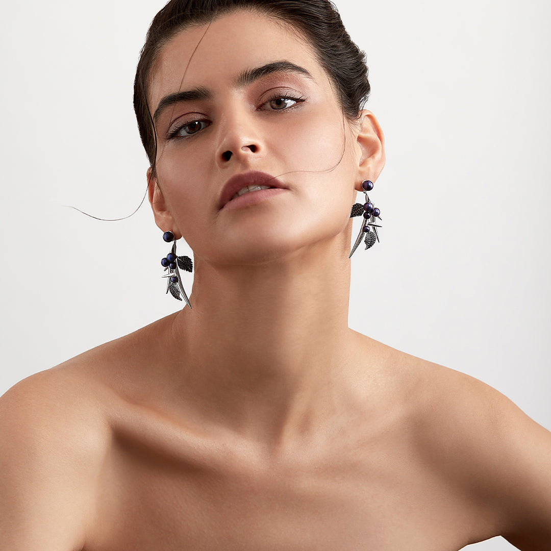 Blackthorn Drop Leaf Earrings - Silver, Black Spinel & Black Pearl