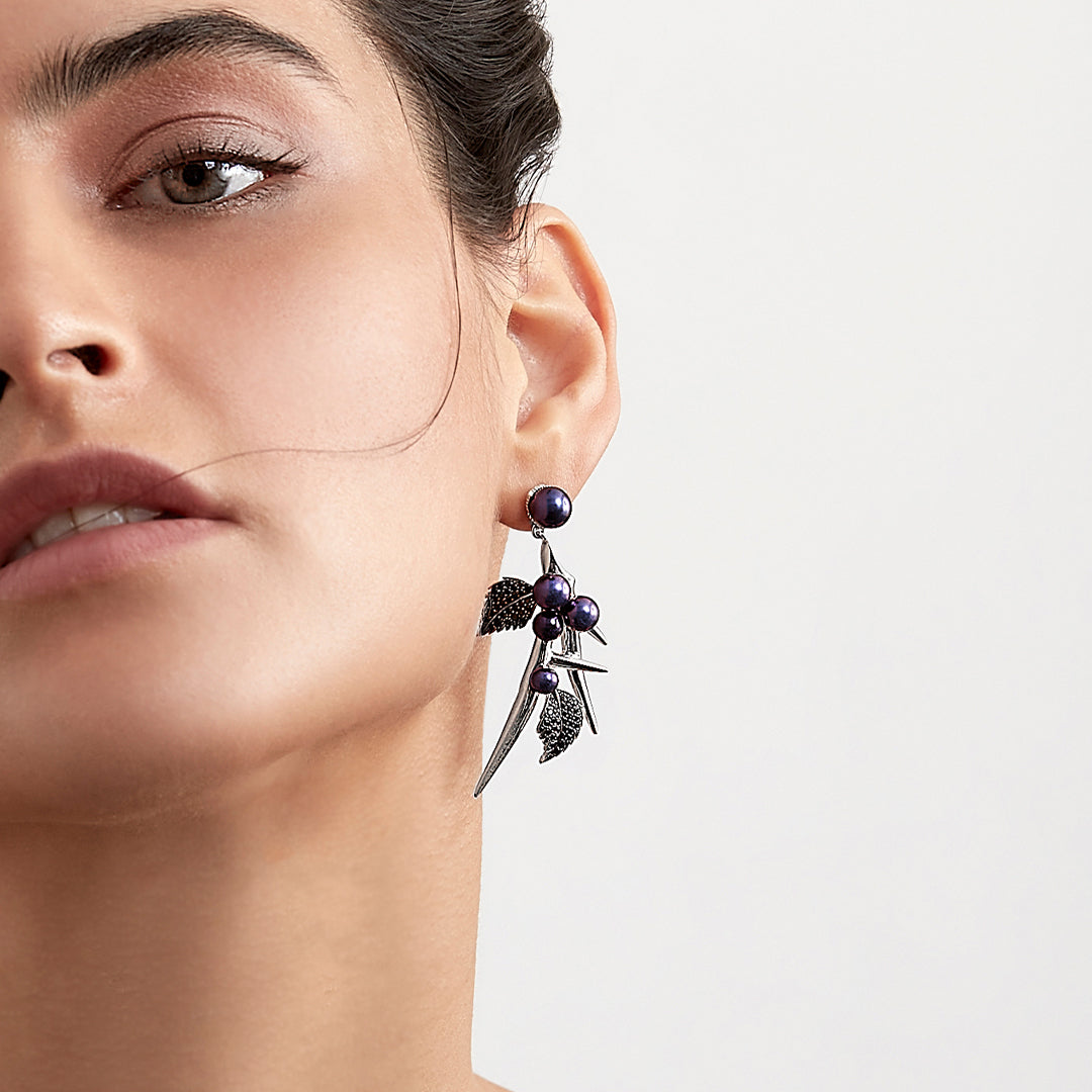 Blackthorn Drop Leaf Earrings - Silver, Black Spinel & Black Pearl