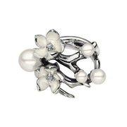 Cherry Blossom Flower Ring - Silver, Diamond & Pearl