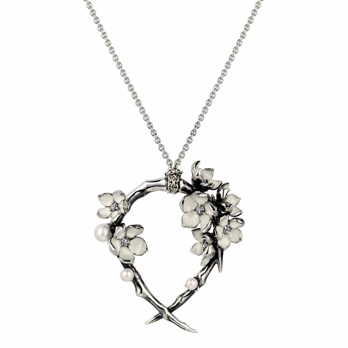 Silver Hoop Pendant with Diamonds and White Pearls