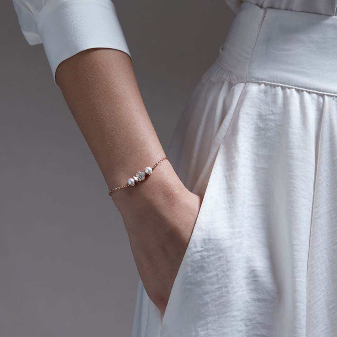 Cherry Blossom Flower Bracelet - Rose Gold Vermeil, Diamond & Pearl