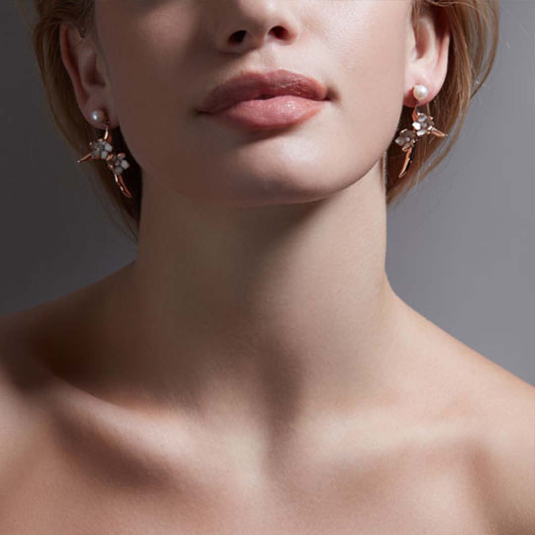 Cherry Blossom Branch Drop Earrings - Rose Gold Vermeil, Diamond & Pearl