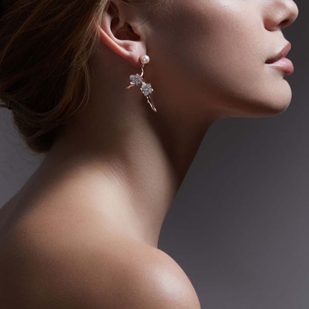 Cherry Blossom Branch Drop Earrings - Rose Gold Vermeil, Diamond & Pearl