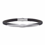 Silver Single Arc Black Leather Bracelet Size 1