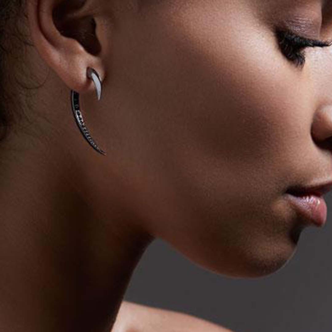 Hook Single Size 1 Earring - Silver Black Rhodium & Black Spinel