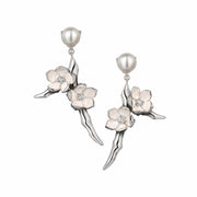 Silver Small Branch Earrings with White Diamonds and Pearls